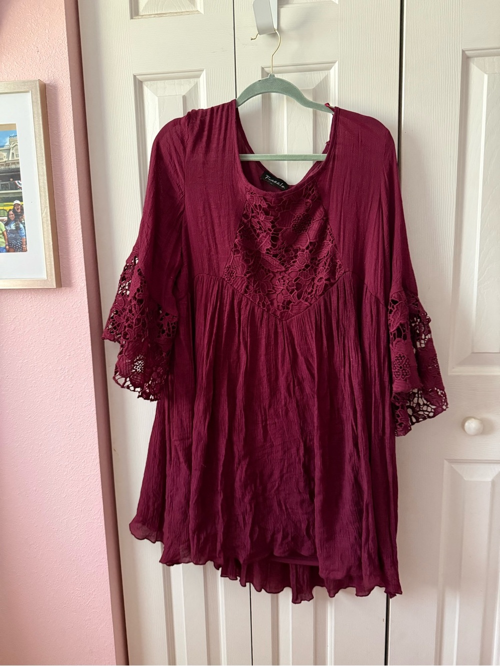 Boho Lace-Trim Tunic Dress- Wine